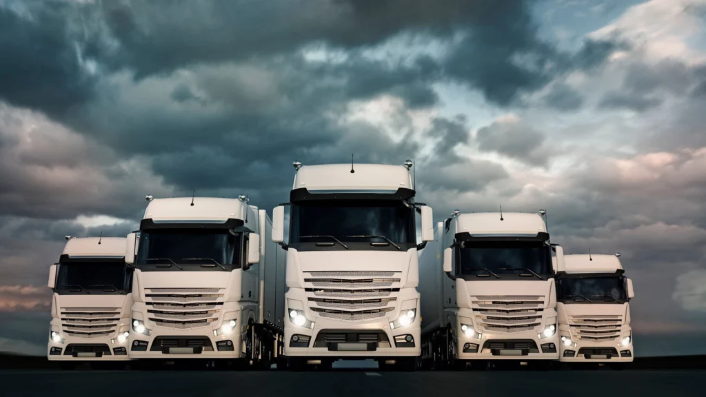 Lineup of white trucks facing forward